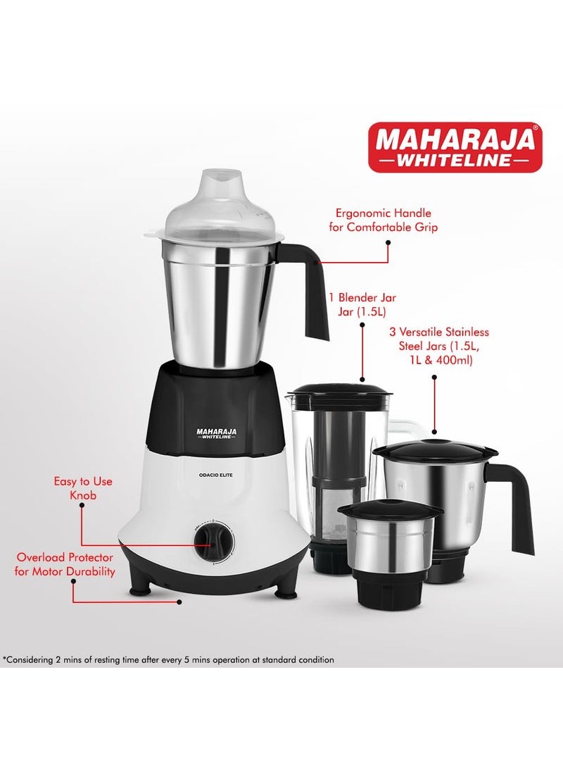Maharaja Whiteline Odacio Elite Mixer Grinder With 4 Jars | 750 Watt | 20,000 RMP Motor | Stainless Steel Blade | 2 Years Warranty | Black & White