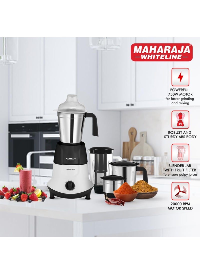 Maharaja Whiteline Odacio Elite Mixer Grinder With 4 Jars | 750 Watt | 20,000 RMP Motor | Stainless Steel Blade | 2 Years Warranty | Black & White