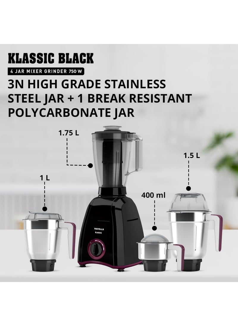 Havells Klassic 750 Watt 4 Jar Mixer Grinder, 21000 RPM Heavy Duty Universal Motor, 304 SS Blades, Large Size Break Resistant JarLids With Twist & Lock Mechanism- Black