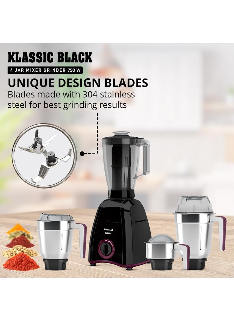 Havells Klassic 750 Watt 4 Jar Mixer Grinder, 21000 RPM Heavy Duty Universal Motor, 304 SS Blades, Large Size Break Resistant JarLids With Twist & Lock Mechanism- Black