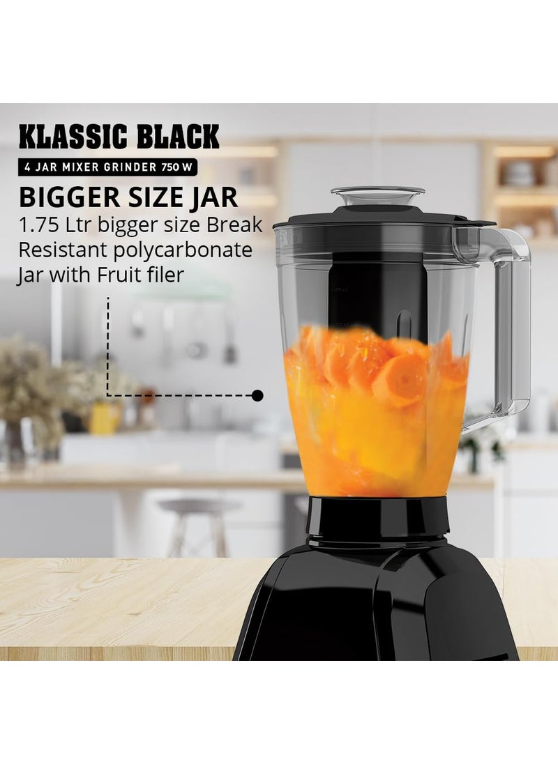 Havells Klassic 750 Watt 4 Jar Mixer Grinder, 21000 RPM Heavy Duty Universal Motor, 304 SS Blades, Large Size Break Resistant JarLids With Twist & Lock Mechanism- Black