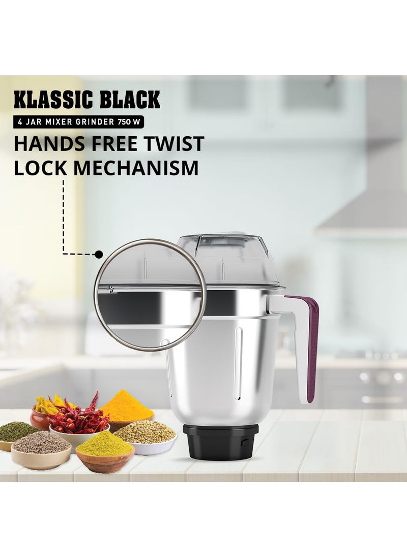 Havells Klassic 750 Watt 4 Jar Mixer Grinder, 21000 RPM Heavy Duty Universal Motor, 304 SS Blades, Large Size Break Resistant JarLids With Twist & Lock Mechanism- Black