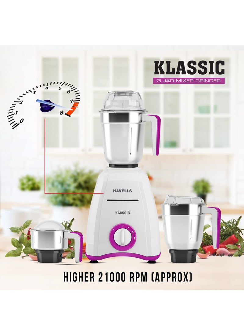 Havells Klassic 750 watts 3 Jar Mixer Grinder with 304 SS Blades, Large Size SS Jars, Break Resistant Polycarbonate Transparent Jar Lids With Twist & Lock Mechanism