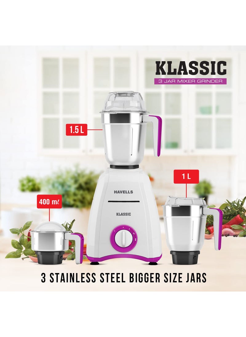 Havells Klassic 750 watts 3 Jar Mixer Grinder with 304 SS Blades, Large Size SS Jars, Break Resistant Polycarbonate Transparent Jar Lids With Twist & Lock Mechanism