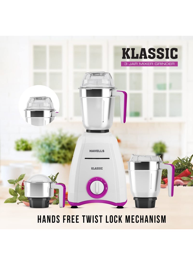 Havells Klassic 750 watts 3 Jar Mixer Grinder with 304 SS Blades, Large Size SS Jars, Break Resistant Polycarbonate Transparent Jar Lids With Twist & Lock Mechanism