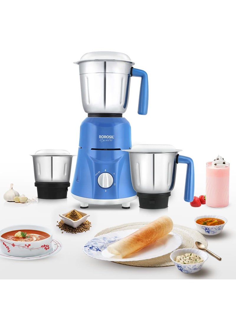 Borosil Star Mixer Grinder, For Wet/Dry Mixing & Grinding, 500 Watts, 3 Jars (400 ml Chutney Jar, 1.2 L Multipurpose Jar, 0.8 L Dry/Wet Grinding Jar), Mixie For Kitchen, Blue