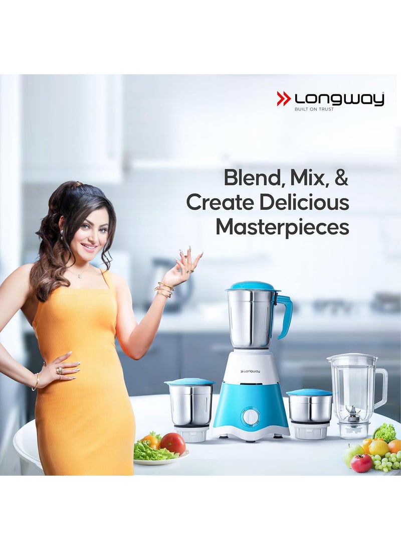 Longway Super Dlx Mixer Grinder Powerful Motor with 1 Year warranty (White & Blue) (4 Jar)