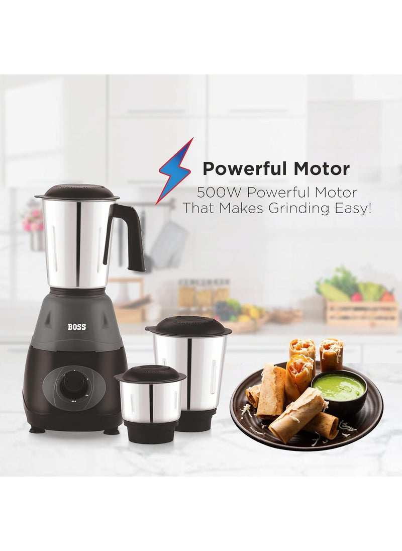 BOSS Bravo 500W Mixer Grinder with Powerful Motor, Unique Flow Breaker Design & Overload Protection (3 Stainless Steel Jars, Beige)