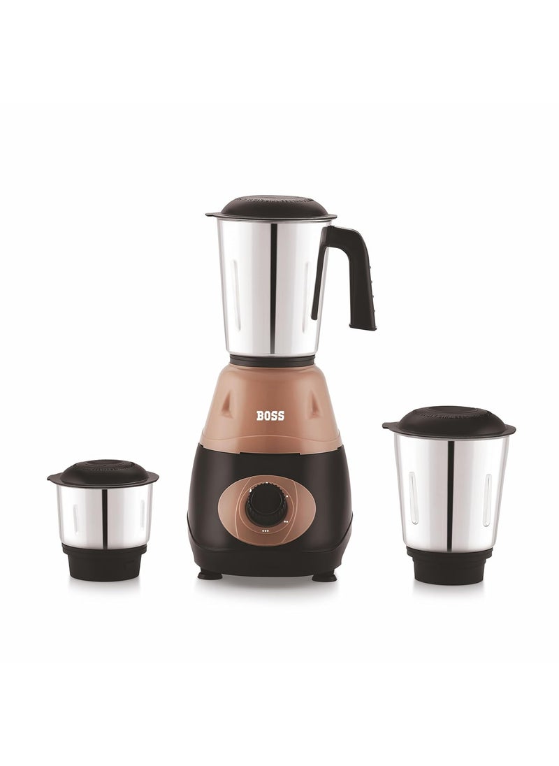 BOSS Bravo 500W Mixer Grinder with Powerful Motor, Unique Flow Breaker Design & Overload Protection (3 Stainless Steel Jars, Beige)