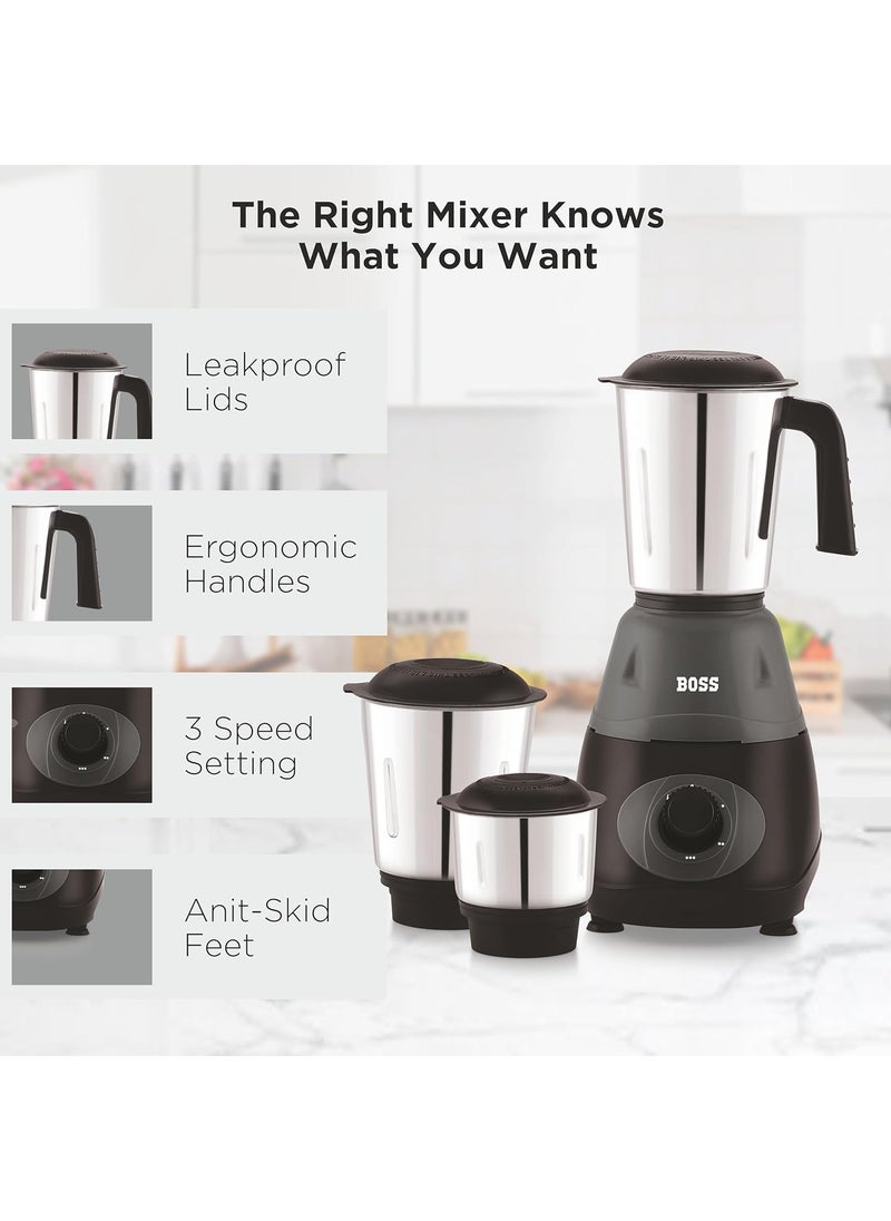 BOSS Bravo 500W Mixer Grinder with Powerful Motor, Unique Flow Breaker Design & Overload Protection (3 Stainless Steel Jars, Beige)