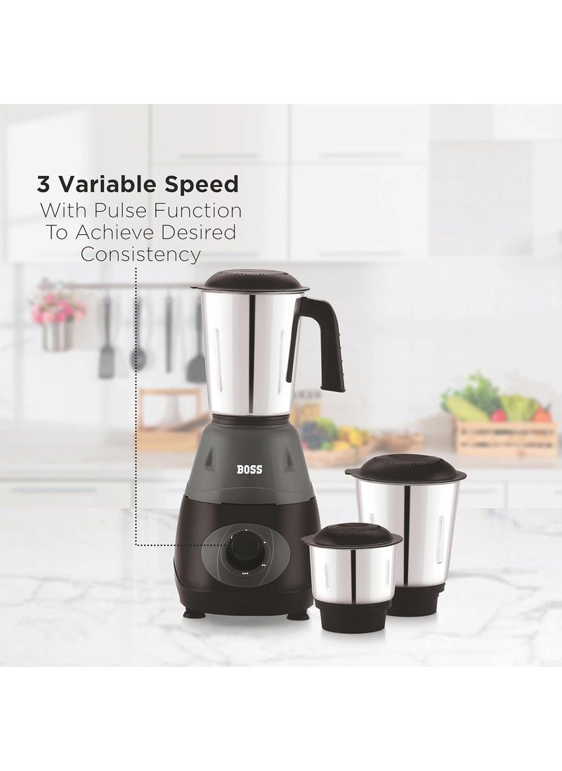 BOSS Bravo 500W Mixer Grinder with Powerful Motor, Unique Flow Breaker Design & Overload Protection (3 Stainless Steel Jars, Beige)