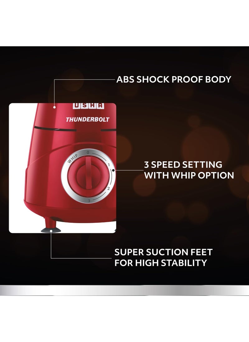 USHA Thunderbolt 800-Watt Copper Motor Mixer Grinder with 3 Jars and 5 Years Motor Warranty(Red)