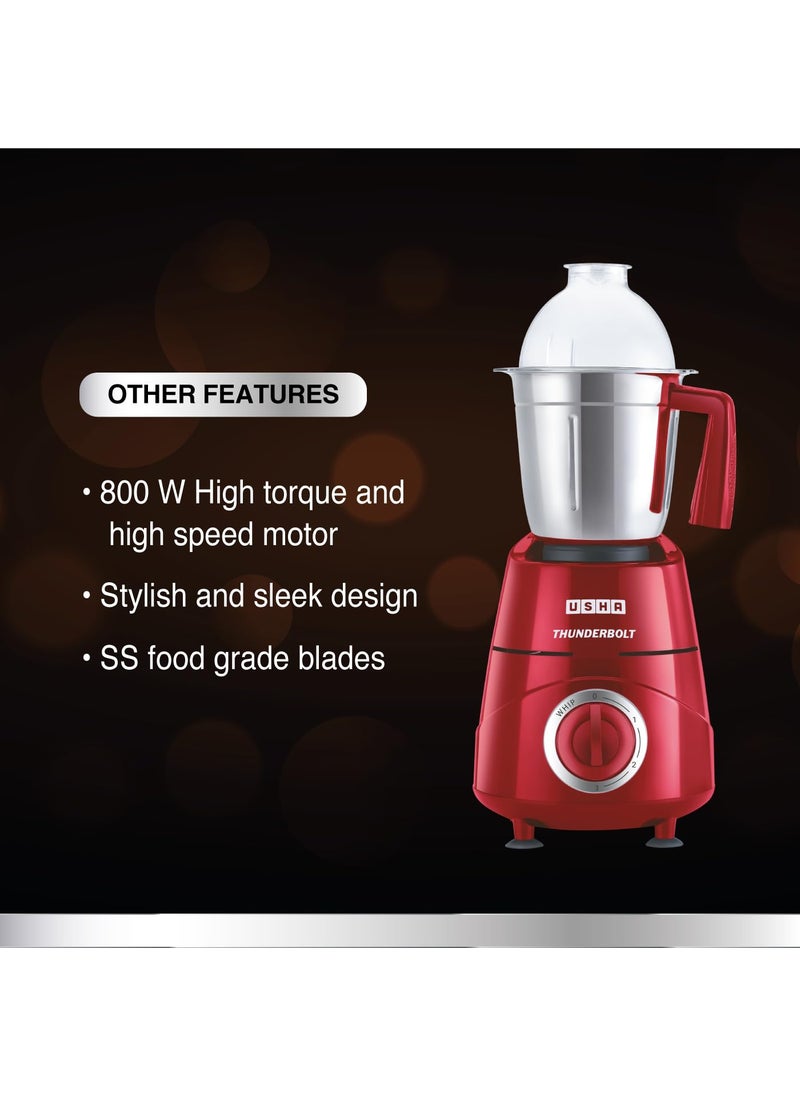 USHA Thunderbolt 800-Watt Copper Motor Mixer Grinder with 3 Jars and 5 Years Motor Warranty(Red)
