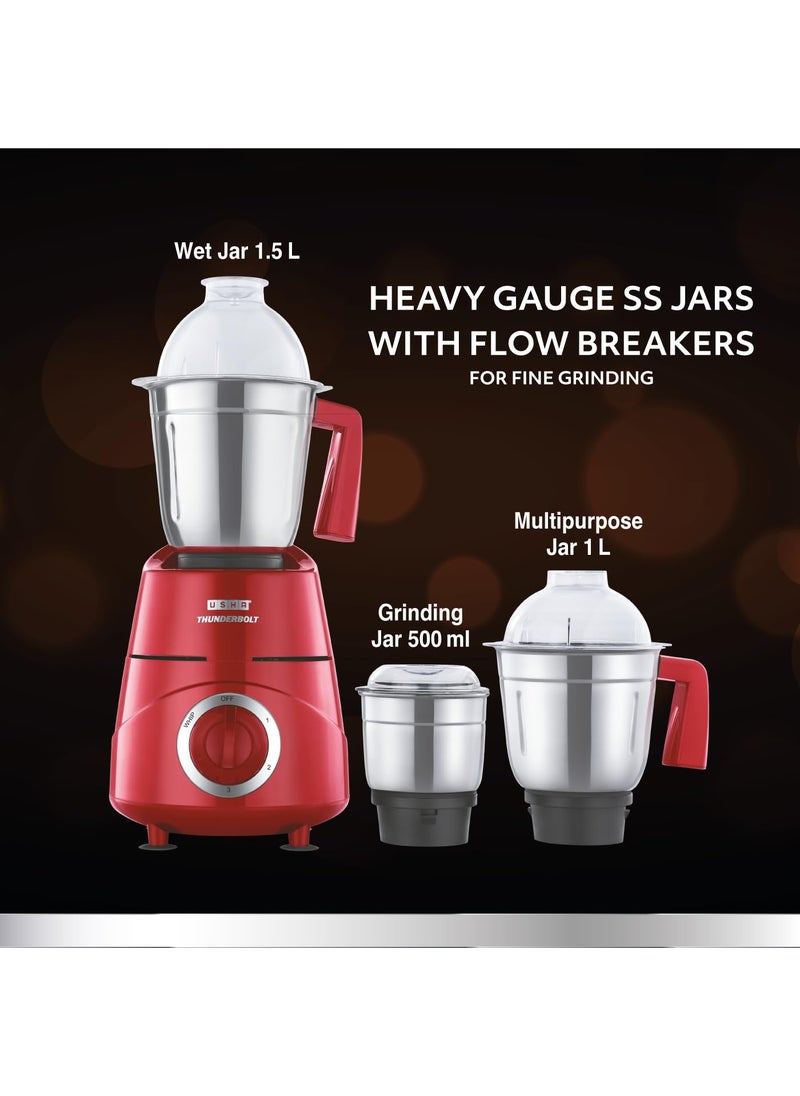 USHA Thunderbolt 800-Watt Copper Motor Mixer Grinder with 3 Jars and 5 Years Motor Warranty(Red)