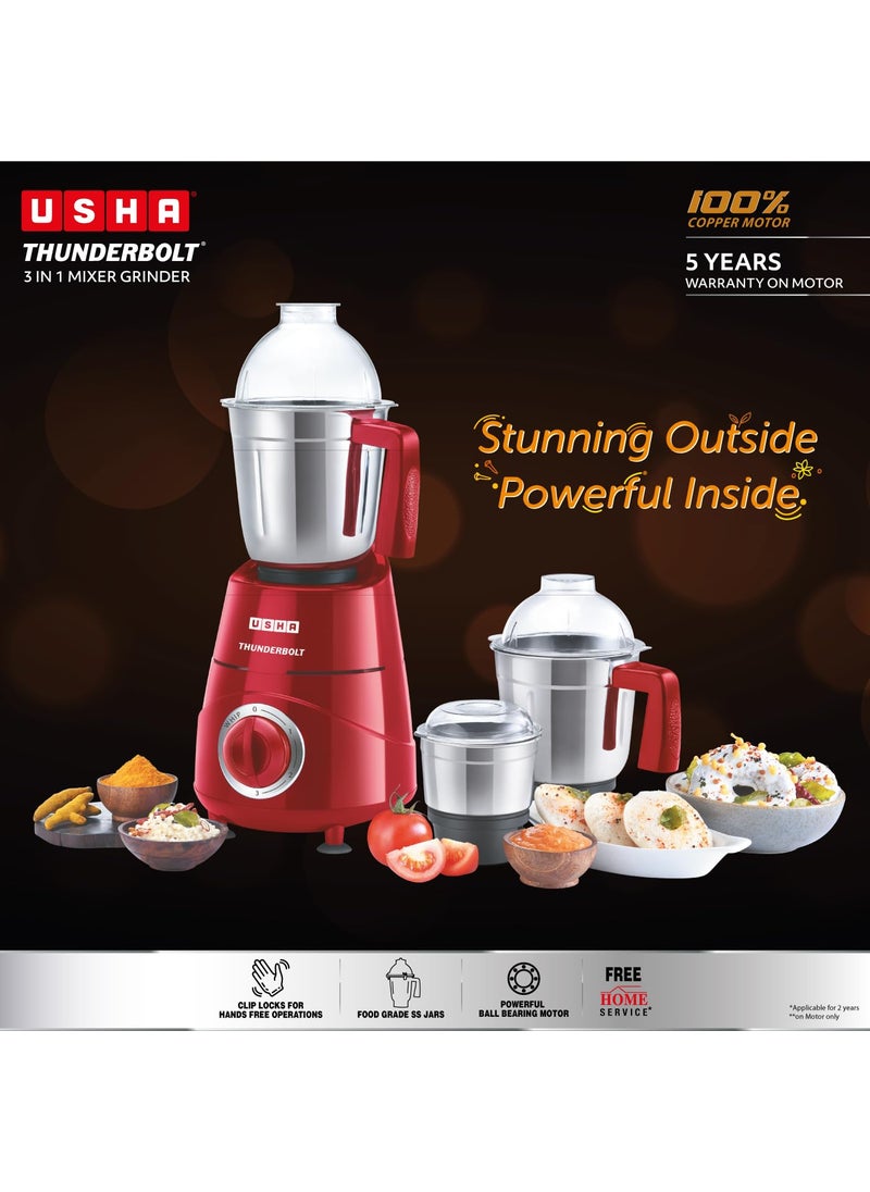USHA Thunderbolt 800-Watt Copper Motor Mixer Grinder with 3 Jars and 5 Years Motor Warranty(Red)