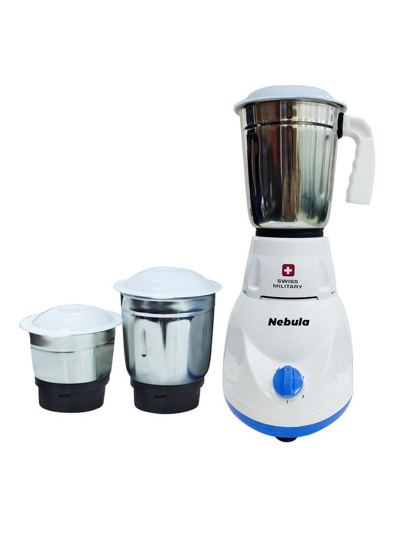 Swiss Military Nebula Juicer Mixer Grinder, 3 Stainless Steel Jars, ABS body and Premium Stainless Steel Blades, Auto Power Cut, 230 Volts, 500 Watts, 50Hz, 18,500 RPM Speed, 2 Year Warranty, White, 1