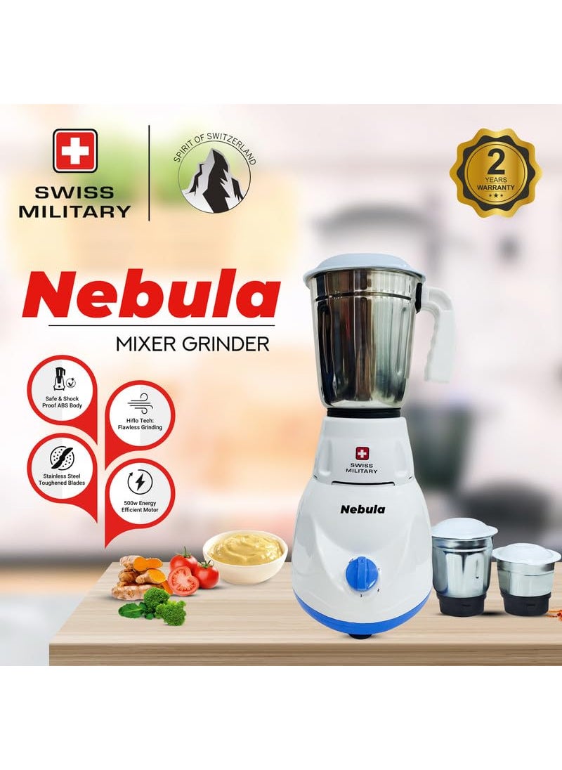 Swiss Military Nebula Juicer Mixer Grinder, 3 Stainless Steel Jars, ABS body and Premium Stainless Steel Blades, Auto Power Cut, 230 Volts, 500 Watts, 50Hz, 18,500 RPM Speed, 2 Year Warranty, White, 1