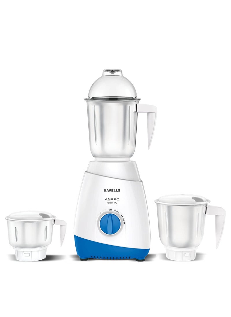 Havells Aspro 600 watt Mixer Grinder with 3 Jar (White & Light Blue) (GHFMGAZB060)