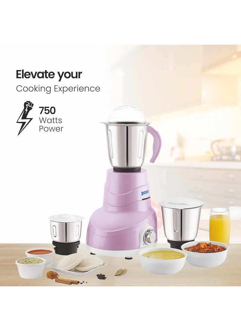 Boss Daisy Mixer Grinder, 750 Watt, 3-Speed, 3-Jars, Purple