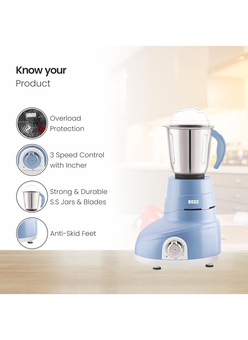 Boss Daisy Mixer Grinder, 750 Watt, 3-Speed, 3-Jars, Purple
