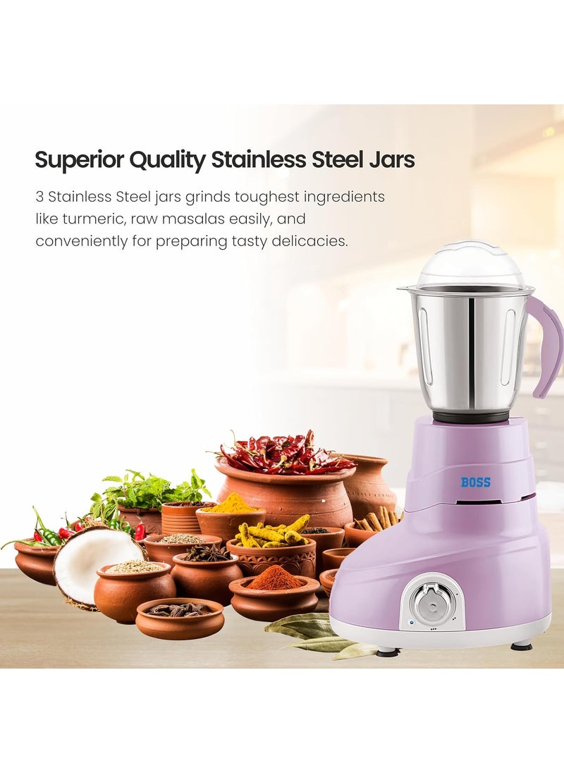Boss Daisy Mixer Grinder, 750 Watt, 3-Speed, 3-Jars, Purple