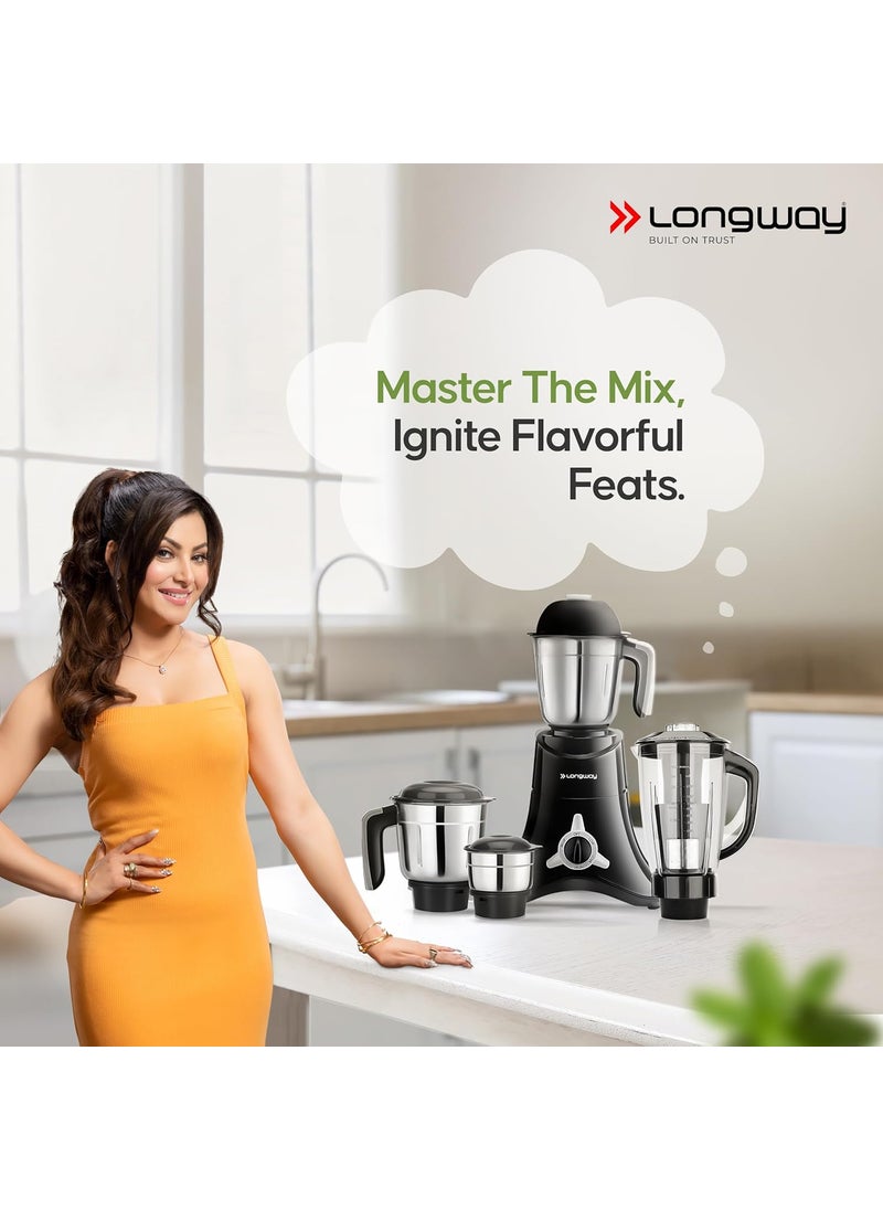 Longway Orion 900 Mixer Grinder with 4 Unbreakable Jars (Powerful Motor) with 1 Year warranty - Black & Silver