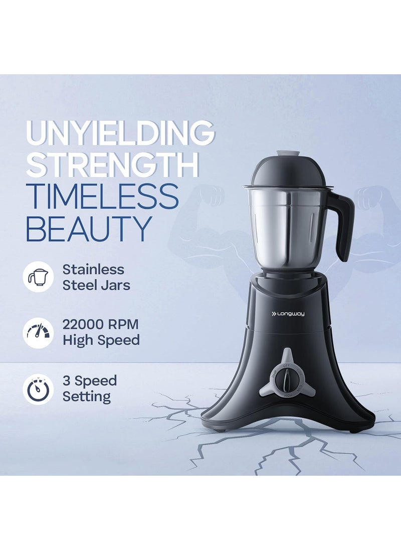 Longway Orion 900 Mixer Grinder with 4 Unbreakable Jars (Powerful Motor) with 1 Year warranty - Black & Silver