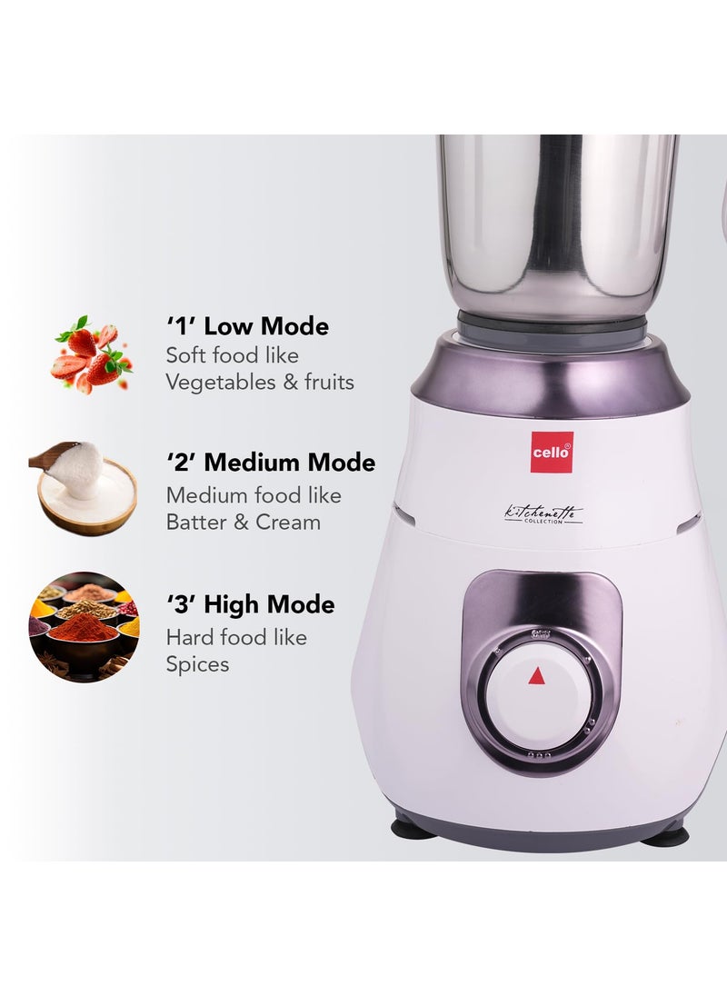Cello Kitchenette Collection Nexon Plus Mixer Grinder with 3 Jars | 500 Watts | 3X Speed Control | Set of 3 | White
