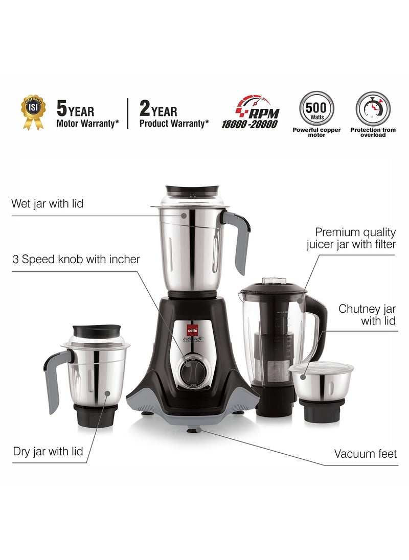 Cello Kitchenette Collection Levanate Pro Plus Mixer Grinder with 3 Jars & 1 Juicer | 500 Watts | 3X Speed Control | Set of 4 | Black