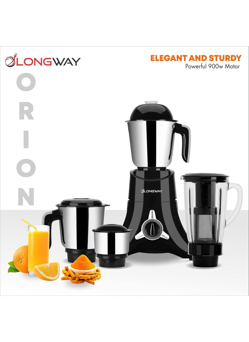 Longway Orion 900 Mixer Grinder with 4 Unbreakable Jars (Powerful Motor with 1 Year warranty, Black & Silver)