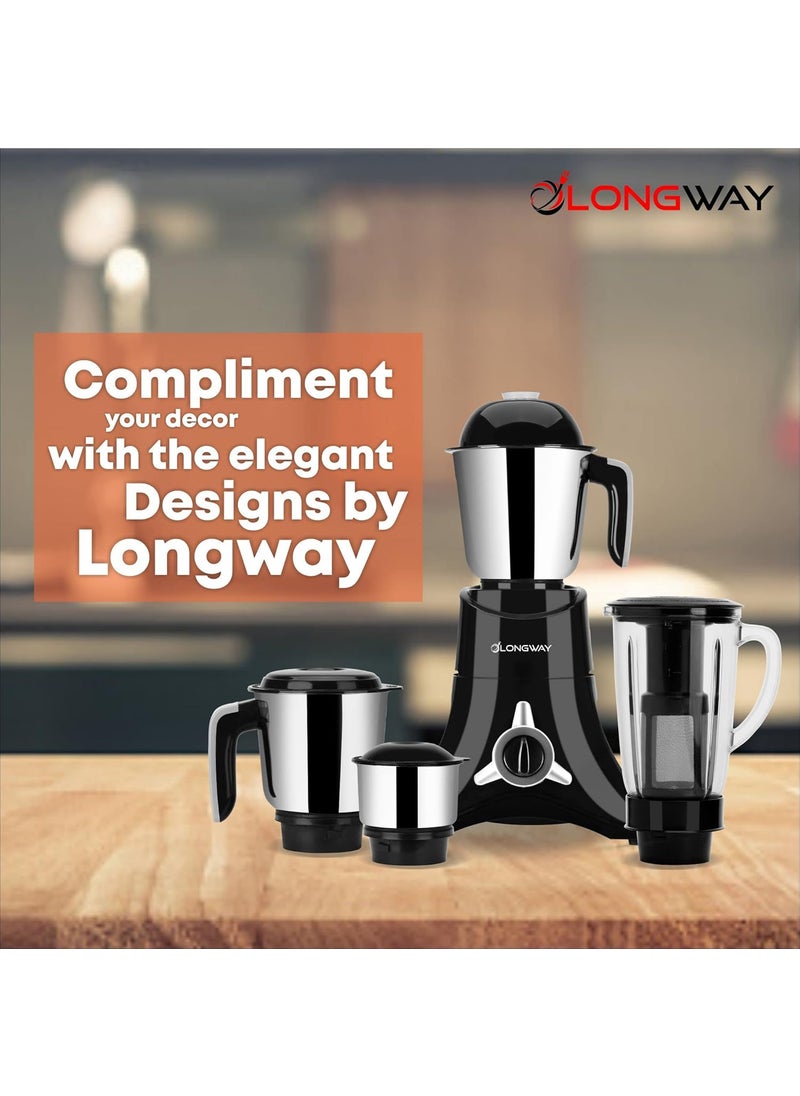 Longway Orion 900 Mixer Grinder with 4 Unbreakable Jars (Powerful Motor with 1 Year warranty, Black & Silver)