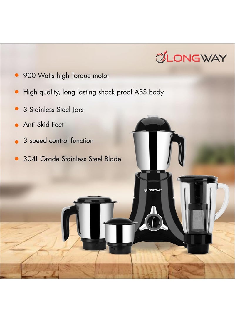 Longway Orion 900 Mixer Grinder with 4 Unbreakable Jars (Powerful Motor with 1 Year warranty, Black & Silver)