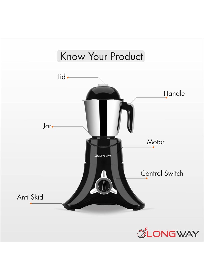 Longway Orion 900 Mixer Grinder with 4 Unbreakable Jars (Powerful Motor with 1 Year warranty, Black & Silver)
