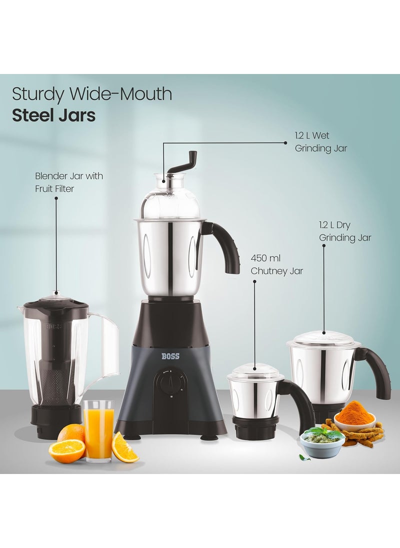 BOSS Cyclone X 750 W Mixer Grinder With 4 Jars (3 Stainless Steel Jars + 1 Juicer Jar) 4 Super Efficient Stainless Blades, 5 Years Warranty, Black, 750 watts