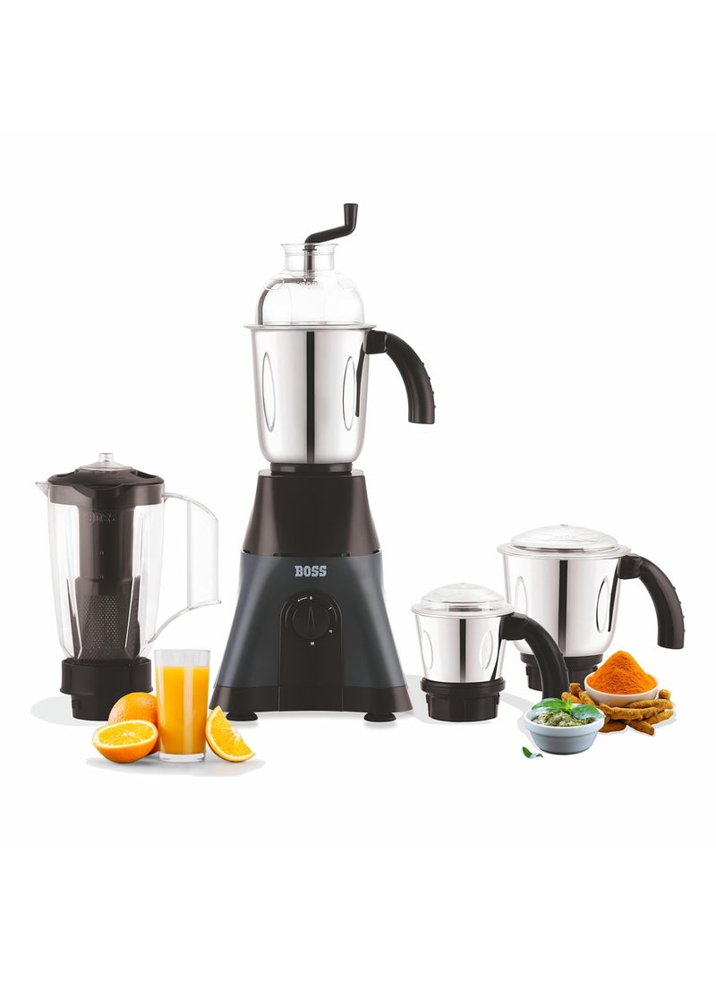 BOSS Cyclone X 750 W Mixer Grinder With 4 Jars (3 Stainless Steel Jars + 1 Juicer Jar) 4 Super Efficient Stainless Blades, 5 Years Warranty, Black, 750 watts