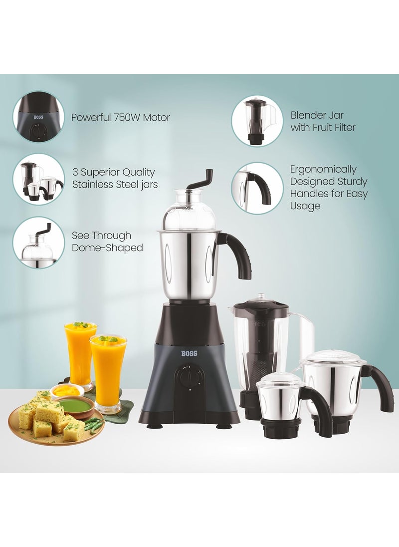 BOSS Cyclone X 750 W Mixer Grinder With 4 Jars (3 Stainless Steel Jars + 1 Juicer Jar) 4 Super Efficient Stainless Blades, 5 Years Warranty, Black, 750 watts