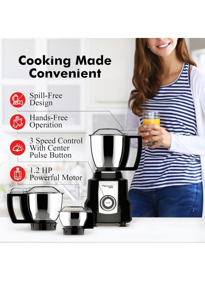 Butterfly Magnum 1.2 Hp Mixer Grinder 3 Jar, 900 Watt, Black