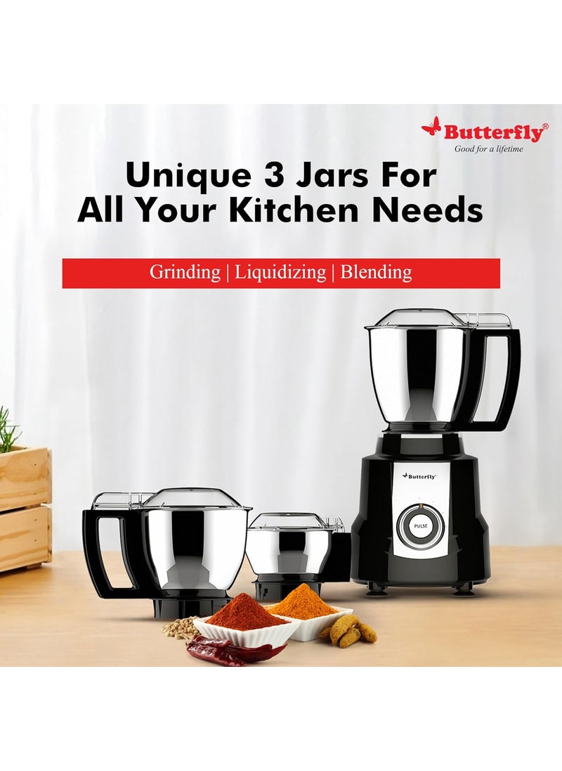 Butterfly Magnum 1.2 Hp Mixer Grinder 3 Jar, 900 Watt, Black