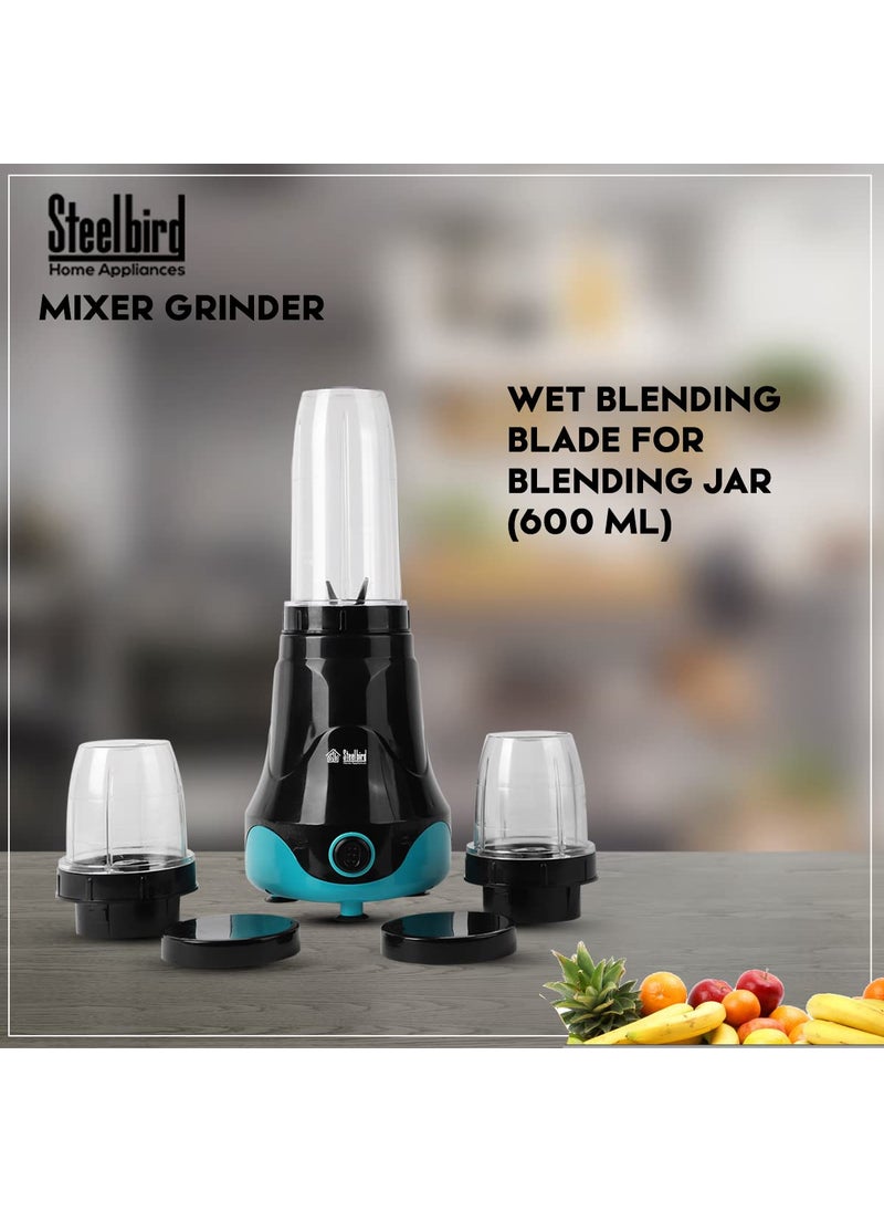 Steelbird Terminator 300-Watt Nutri Pro Mixer Grinder for Wet & Dry Grinding with All In One - 3 Jar for Spice Herb Cereal Beans Vegetables Fruits Nuts Spices (Black with Blue)