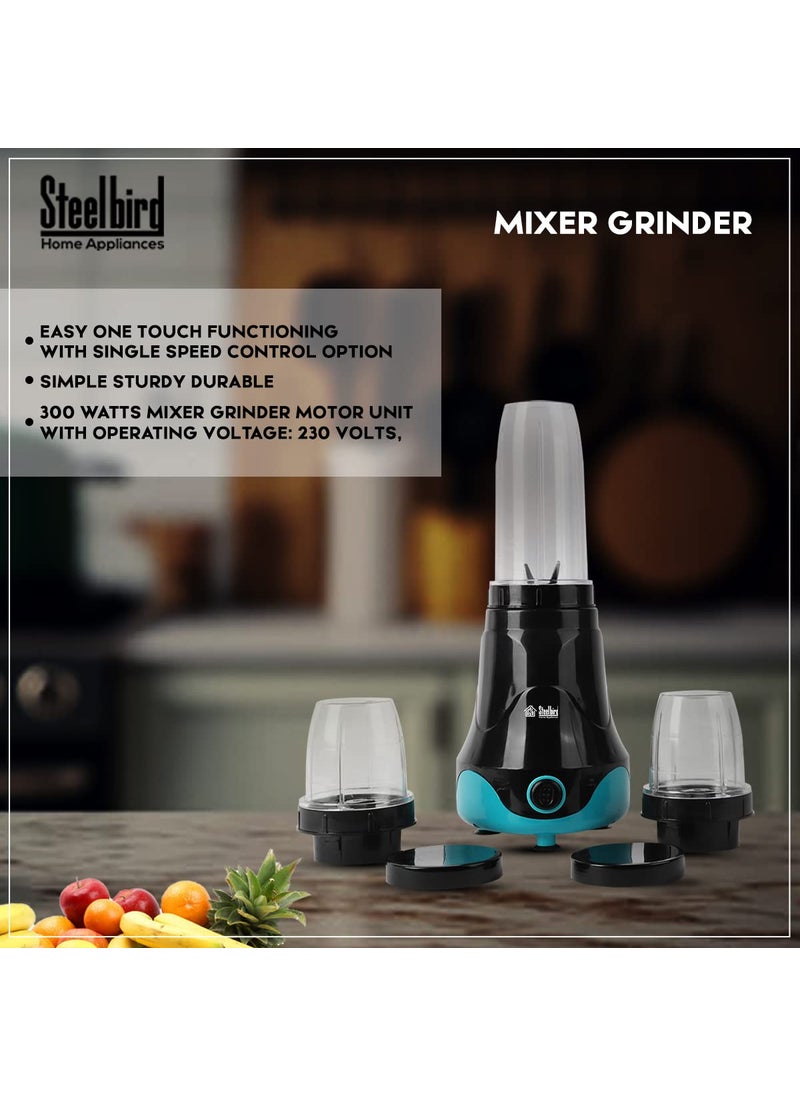 Steelbird Terminator 300-Watt Nutri Pro Mixer Grinder for Wet & Dry Grinding with All In One - 3 Jar for Spice Herb Cereal Beans Vegetables Fruits Nuts Spices (Black with Blue)