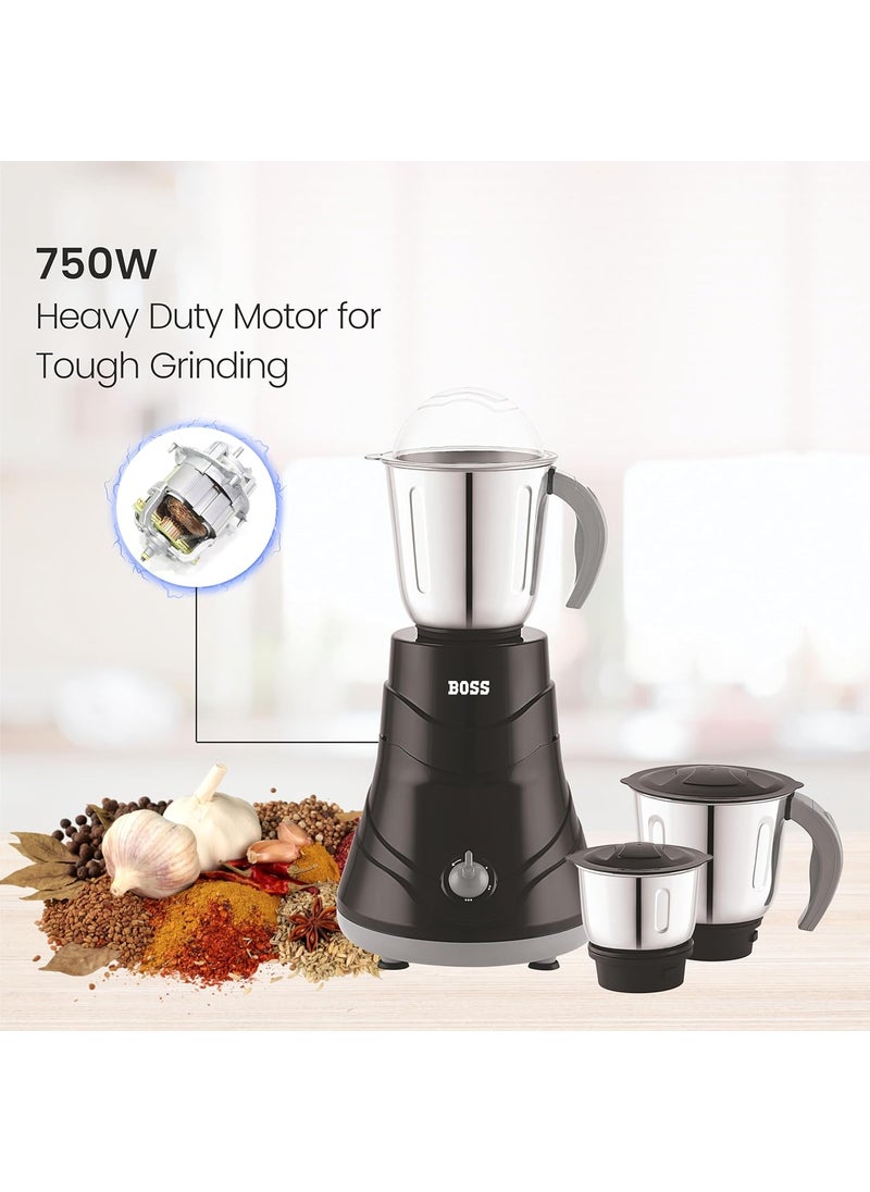 BOSS Alpha 750W Mixer Grinder with Powerful Motor, 5 years warranty* & Overload Protection, 3 Stainless Steel Jars, Black
