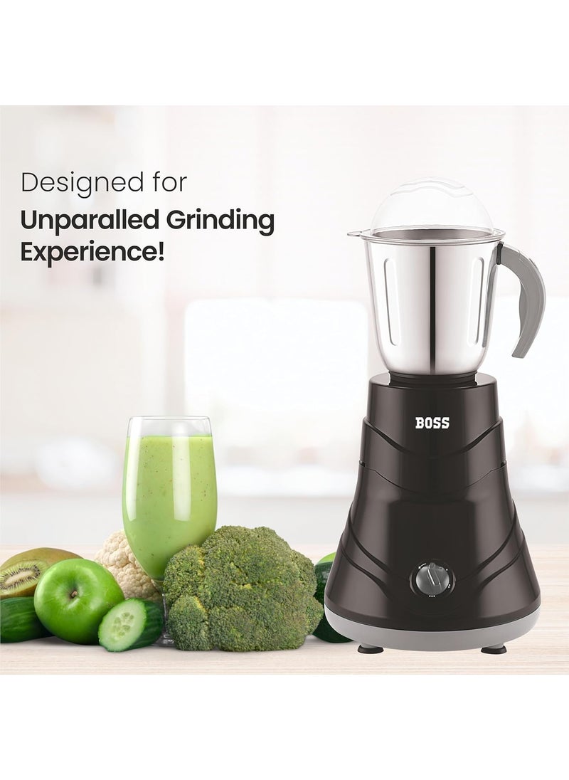 BOSS Alpha 750W Mixer Grinder with Powerful Motor, 5 years warranty* & Overload Protection, 3 Stainless Steel Jars, Black