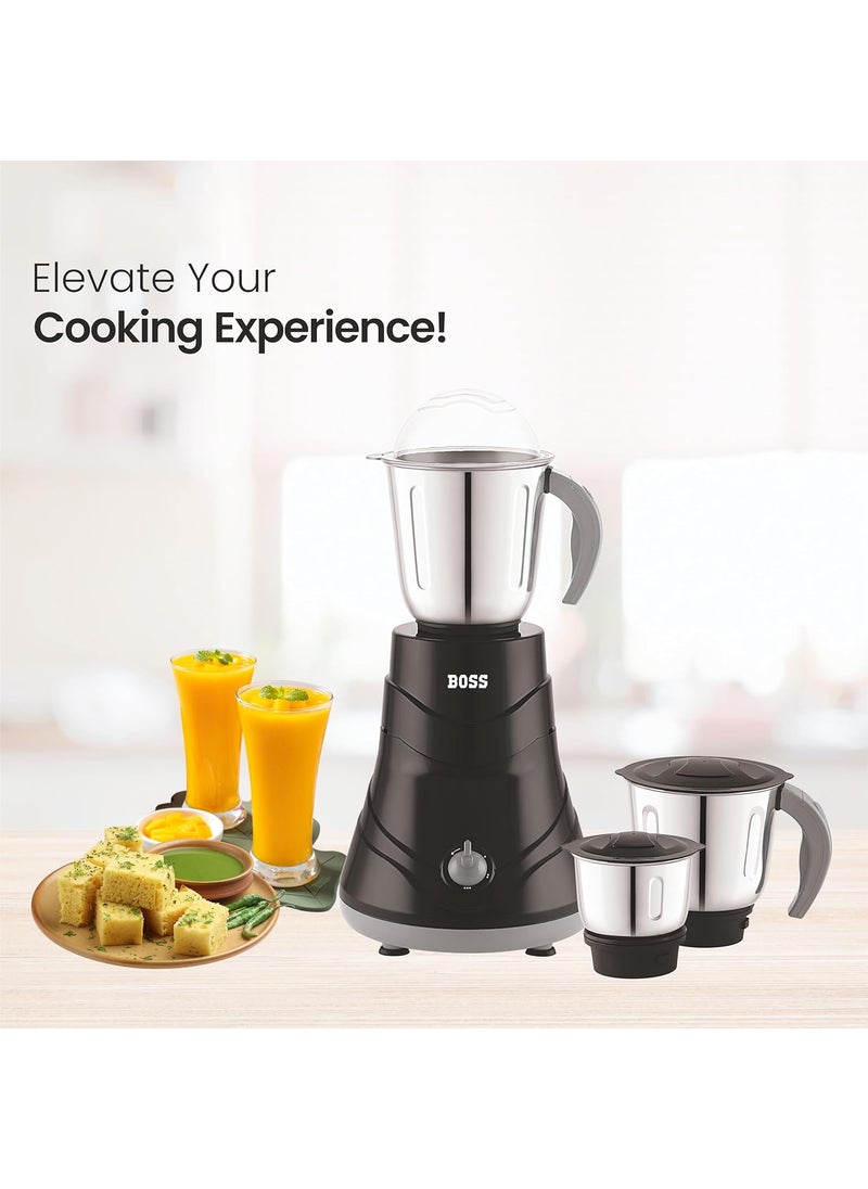BOSS Alpha 750W Mixer Grinder with Powerful Motor, 5 years warranty* & Overload Protection, 3 Stainless Steel Jars, Black