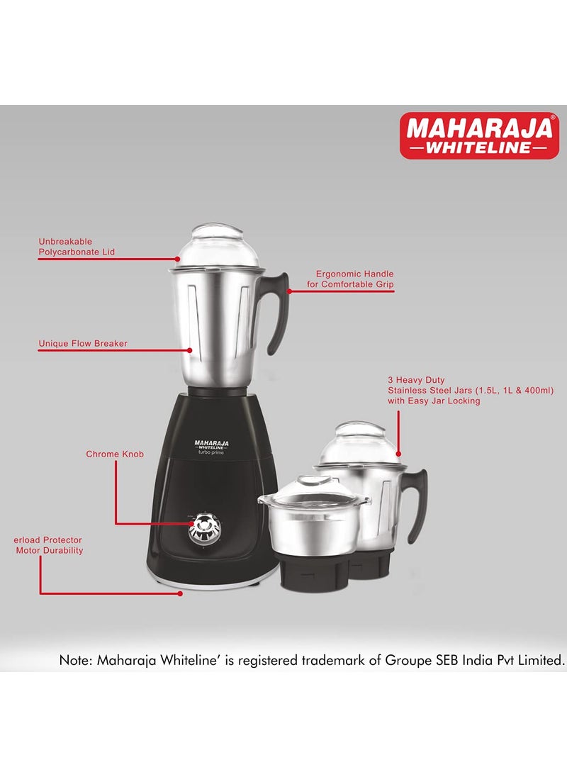 Maharaja WhitelineTurbo Prime HD Mixer Grinder 1000 Watt II Copper Motor II 3 Stainless Steel Jar II 5 Year Motor Warranty (Black)