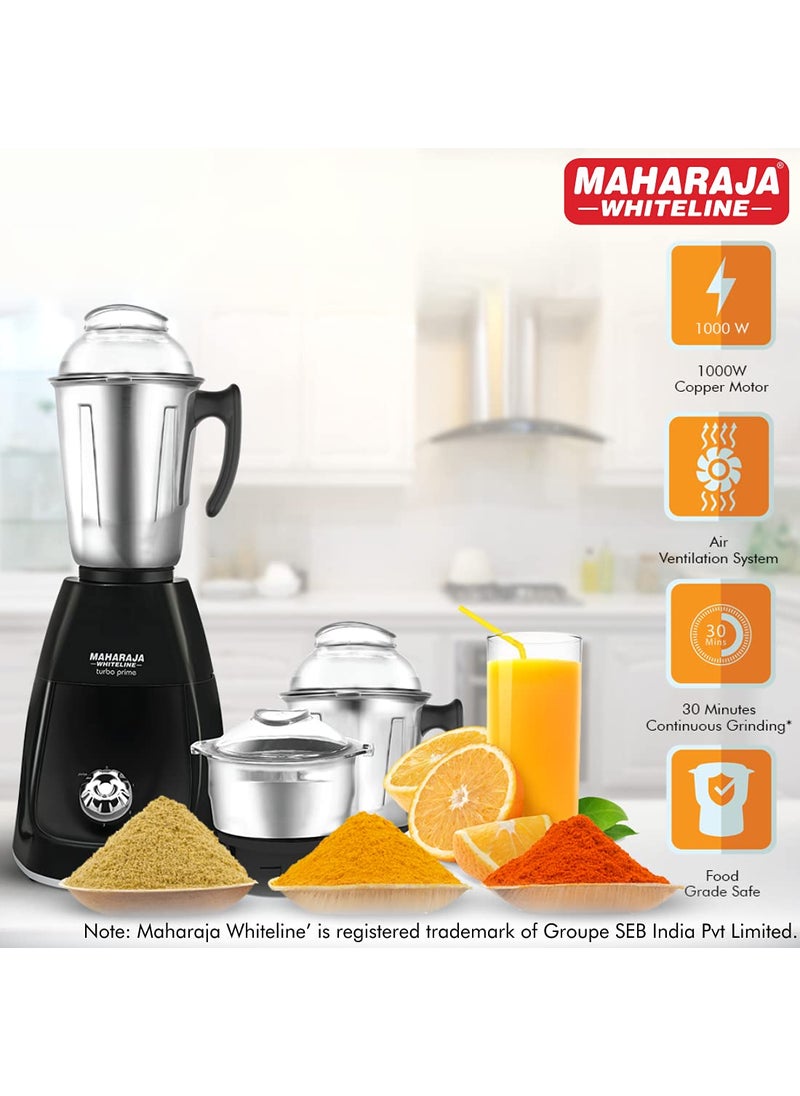 Maharaja WhitelineTurbo Prime HD Mixer Grinder 1000 Watt II Copper Motor II 3 Stainless Steel Jar II 5 Year Motor Warranty (Black)