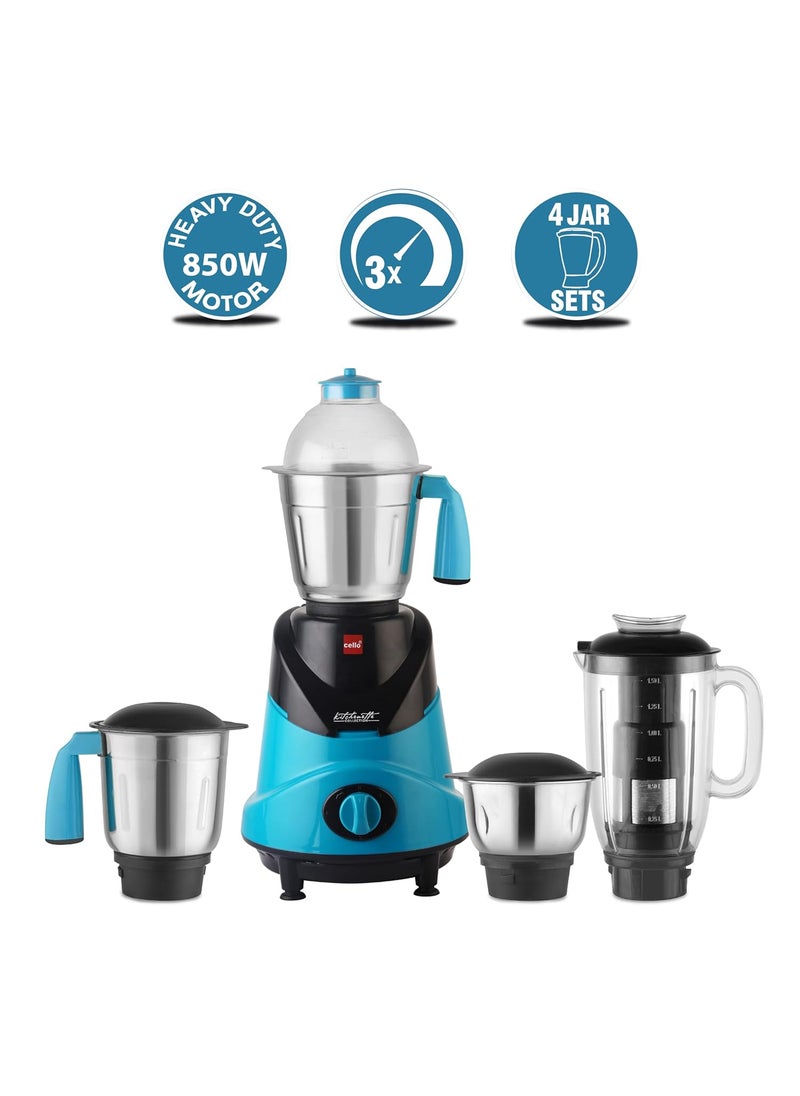 Cello Kitchenette Collection Hector Plus Mixer Grinder with 3 Jars and Juicer| 750 Watts | 3X Speed Control | Set of 3 | Blue & Black