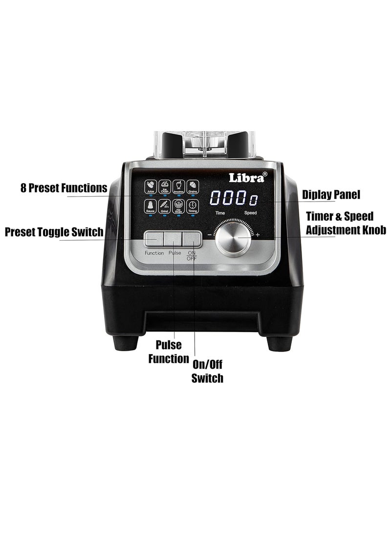 Libra 2200 Watt Digital Commercial Blender With 100% Copper Motor, 8 Pre-Set Function, Timer And 2 Bpa Free Jars | Heavy Duty Professional Blender Machine | Dry, Wet Grinder For Restaurants & Shops