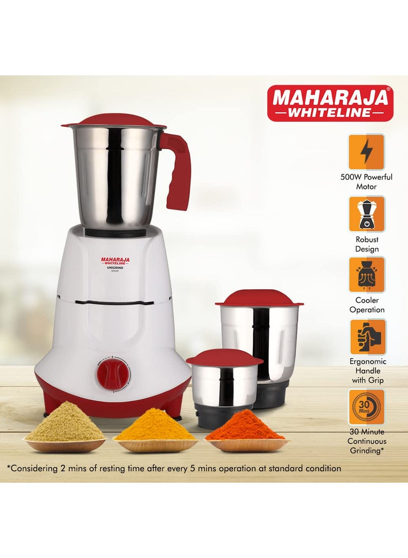 Maharaja Whiteline Unigrind Mixer Grinder with 3 Jars, 500W - MX-251 (White & Red)