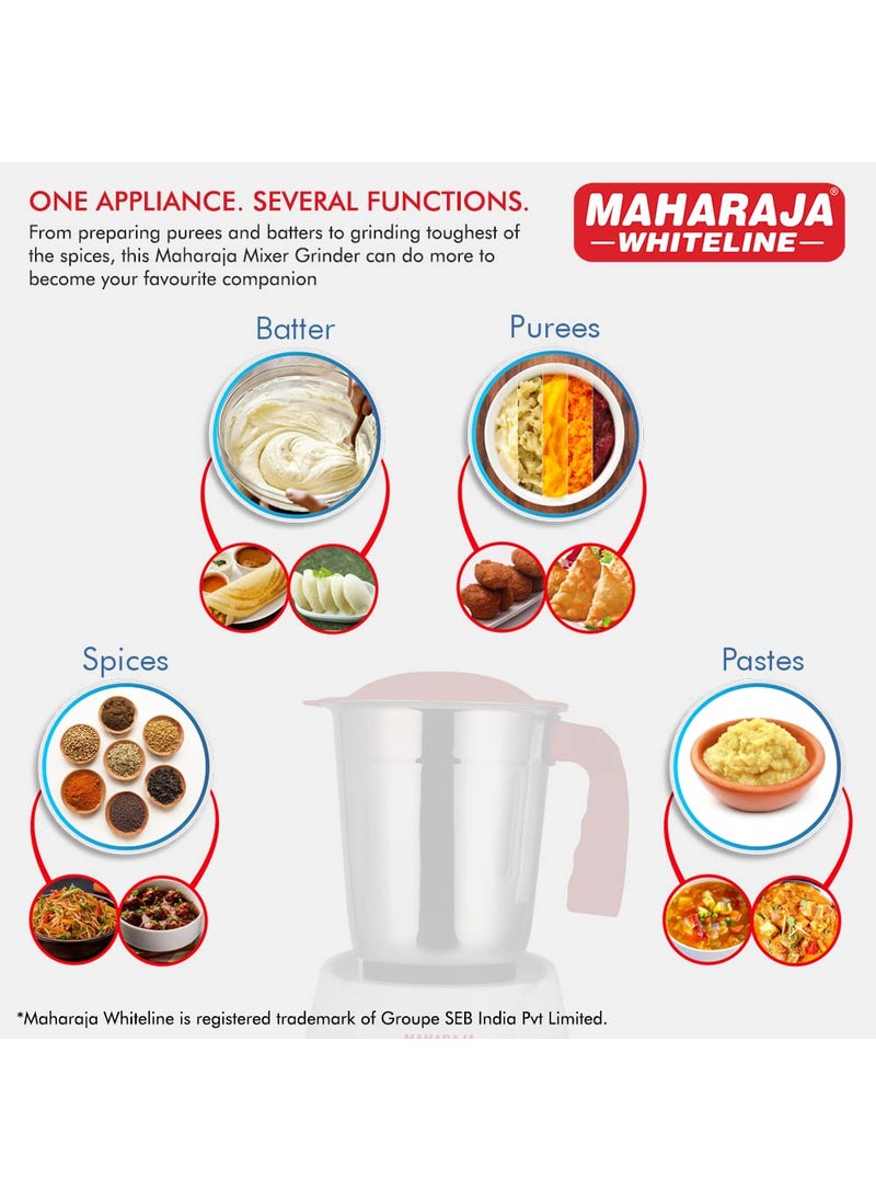 Maharaja Whiteline Unigrind Mixer Grinder with 3 Jars, 500W - MX-251 (White & Red)