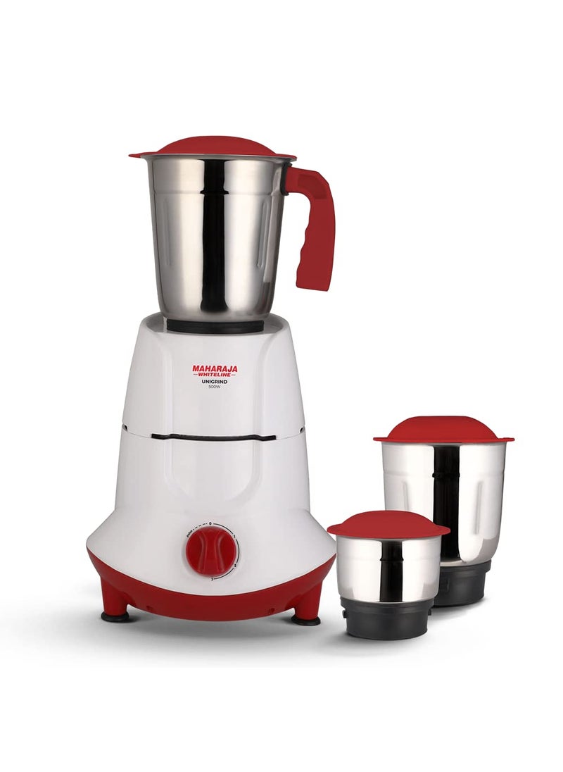 Maharaja Whiteline Unigrind Mixer Grinder with 3 Jars, 500W - MX-251 (White & Red)